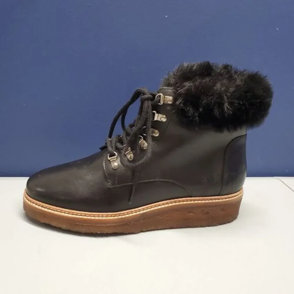 Botkier Winter Boots Women Size 7.5 Black Leather Faux Fur Trim Gum Sole Lace Up